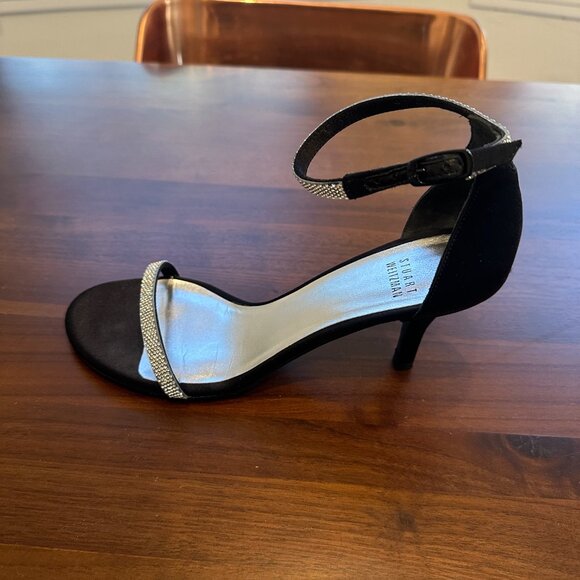 Stuart Weitzman Black Satin Crystal Embellished Ankle Strap Heels - Picture 2 of 6